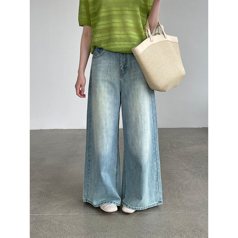 Korean-style High-waisted Wide-leg Denim Jeans For Women