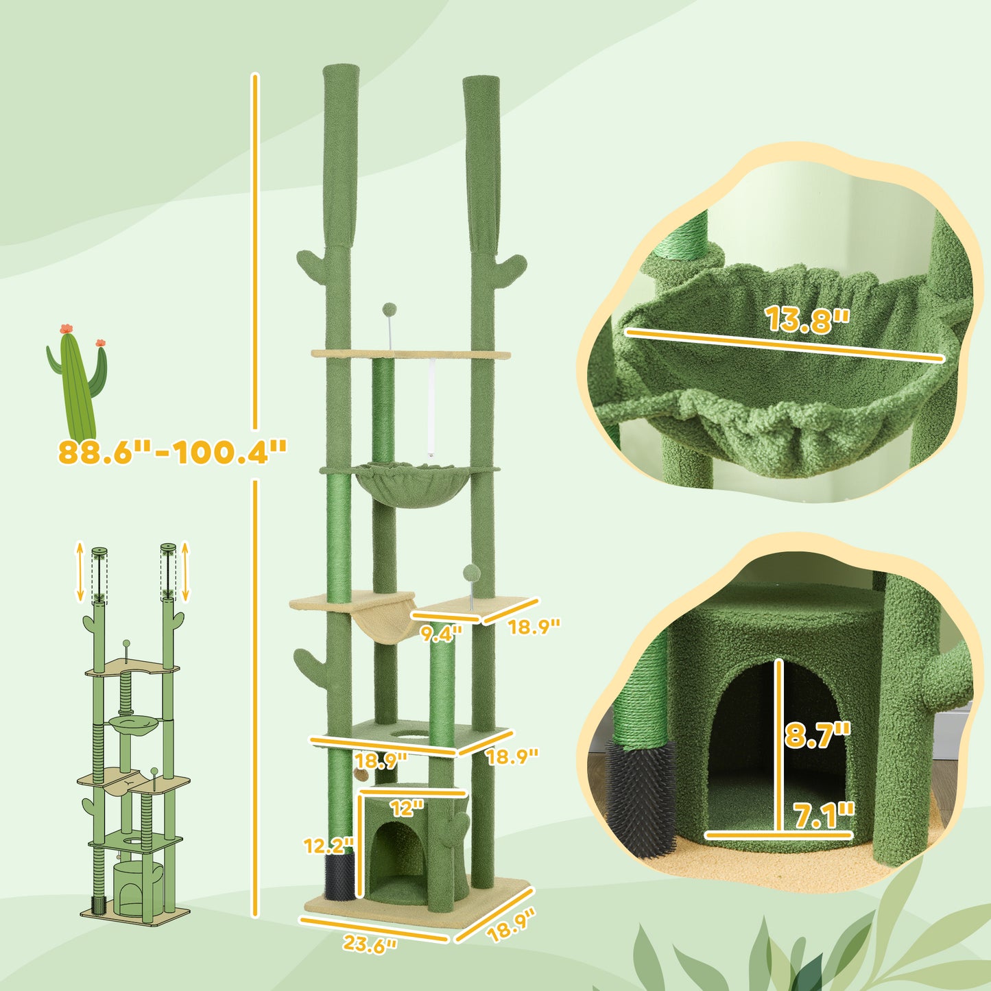 89"-100" Floor to Ceiling Cat Tree, Cat Climbing Tower with Grooming Brush Post, Cat Condo, Hammock, Green