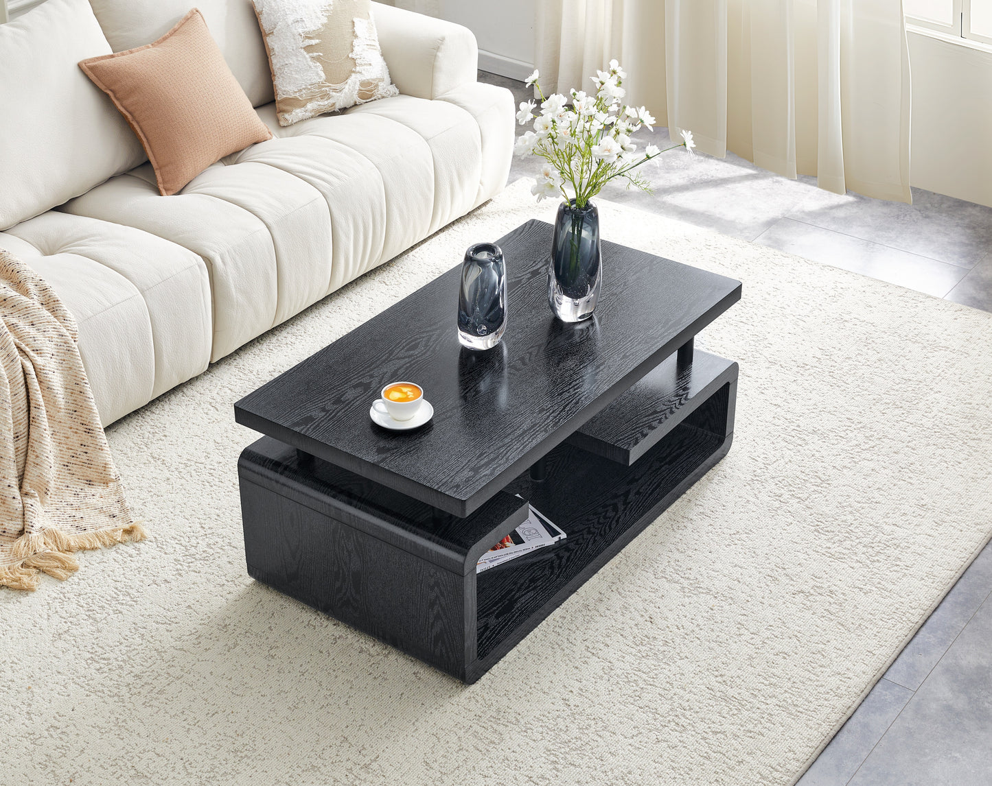 Three-Tier MDF Coffee Table With Black Wood Grain Finish, Modern Multi-Layer Storage Coffee Table Sturdy Frame For Living Room Office