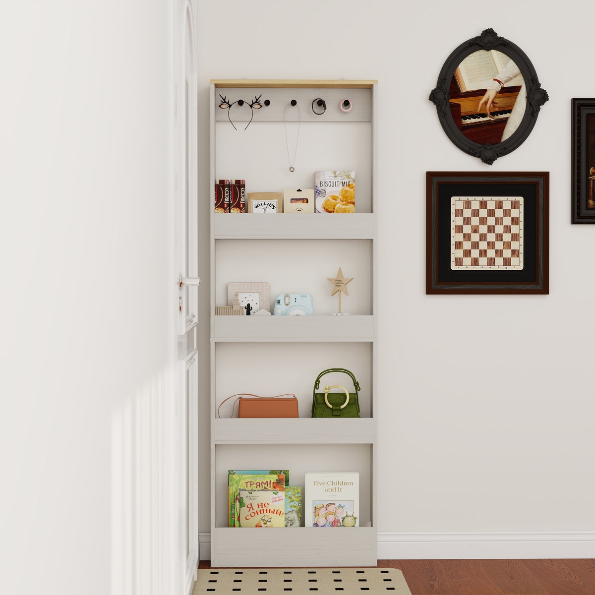 Behind The Door 69 Tall Bookcase With 4 Shelves And 5 Hooks, Space-Saving Narrow Storage Cabinet For Living Room, Children's Room, Study Room, Kitchen, Corridor-Antique White