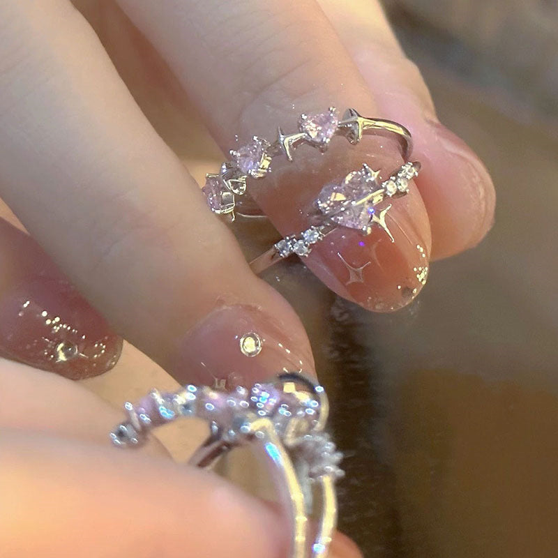 Korean-style Chic And Sweet Pink Diamond Heart Ring