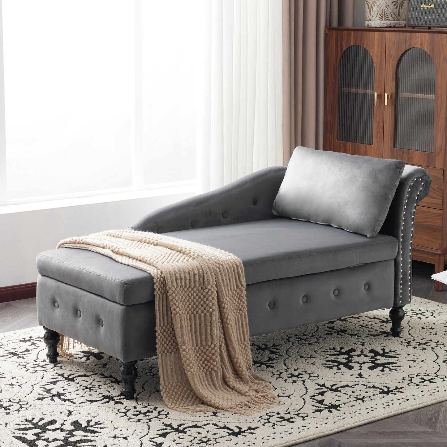Velvet Chaise Lounge Sofa With Storage, Upholstered Chaise Lounge Couch With Pillow For Living Room, Modern Nailhead-Trim & Button-tufted Lounge Chair, Bedroom And Office, Right Armrest