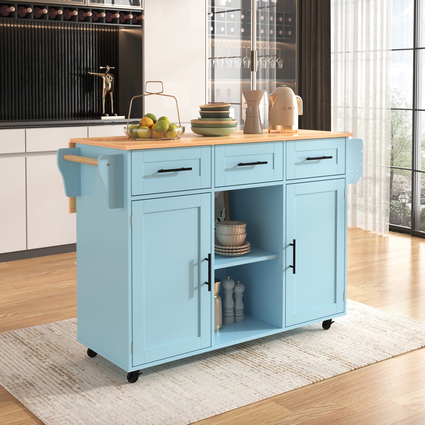 139x46 X91.5 Cm Large Dining Trolley Sideboard, Blue Body Solid Wood Grain Worktop, Foldable Worktop, Storage Door, Castors, Interchangeable Solid Wood Feet, Suitable For Dining Room, Kitchen