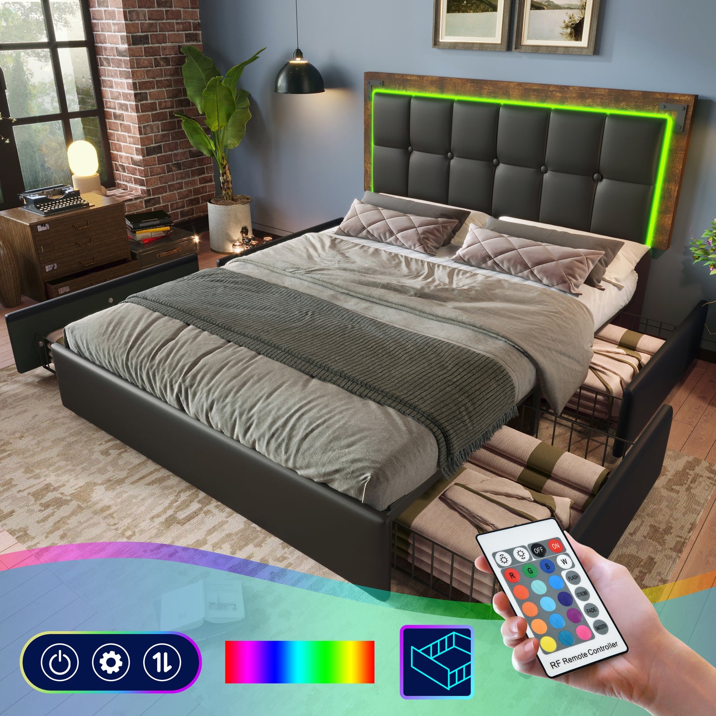Bed Frame With LED Lighting Strip And 4 Drawers, Double Bed Upholstered Bed 160x200cm, Height-adjustable Headboard, Functional Bed, PU Black Without Mattress