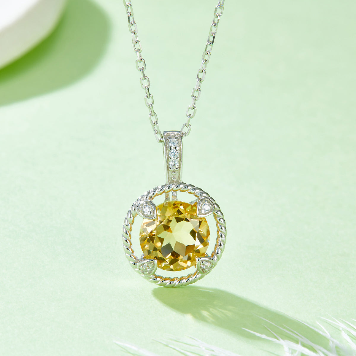 S925 Sterling Silver Necklace, 8mm Natural Citrine Round Pendant, Platinum Plated Rope Design Chain 2.6g, Elegant Women's Jewelry Gift Box