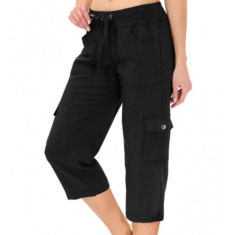 European And American Cross Border Best Selling Casual Lace Up Elastic Waist 7 8 Length Workwear Style Loose Fit Hiking Pants