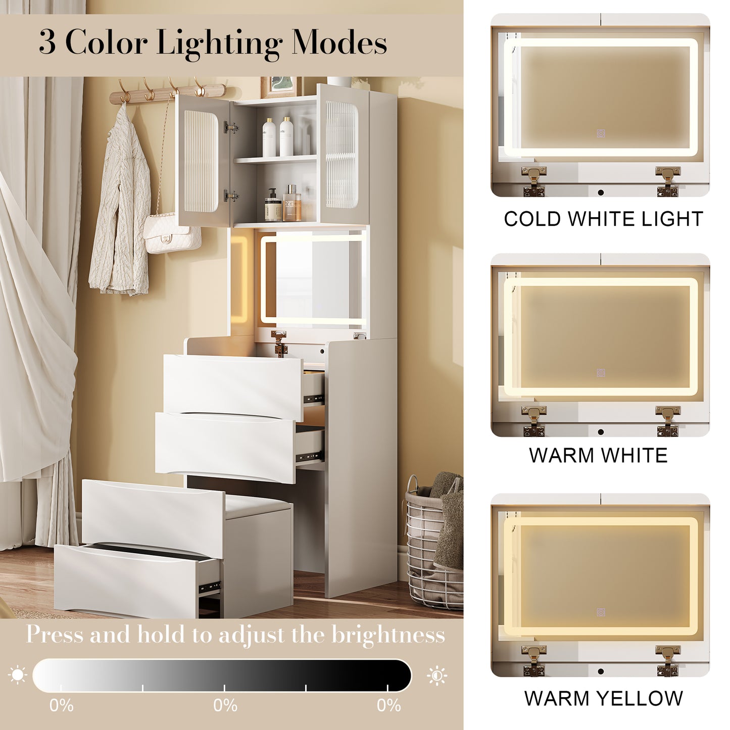 3-in-1 Vanity Table With LED Mirror & Storage Stool, Flip Top Makeup Dressing Table With Adjustable Lights, 5 Storage Spaces Cosmetic Organizer For Bedroom