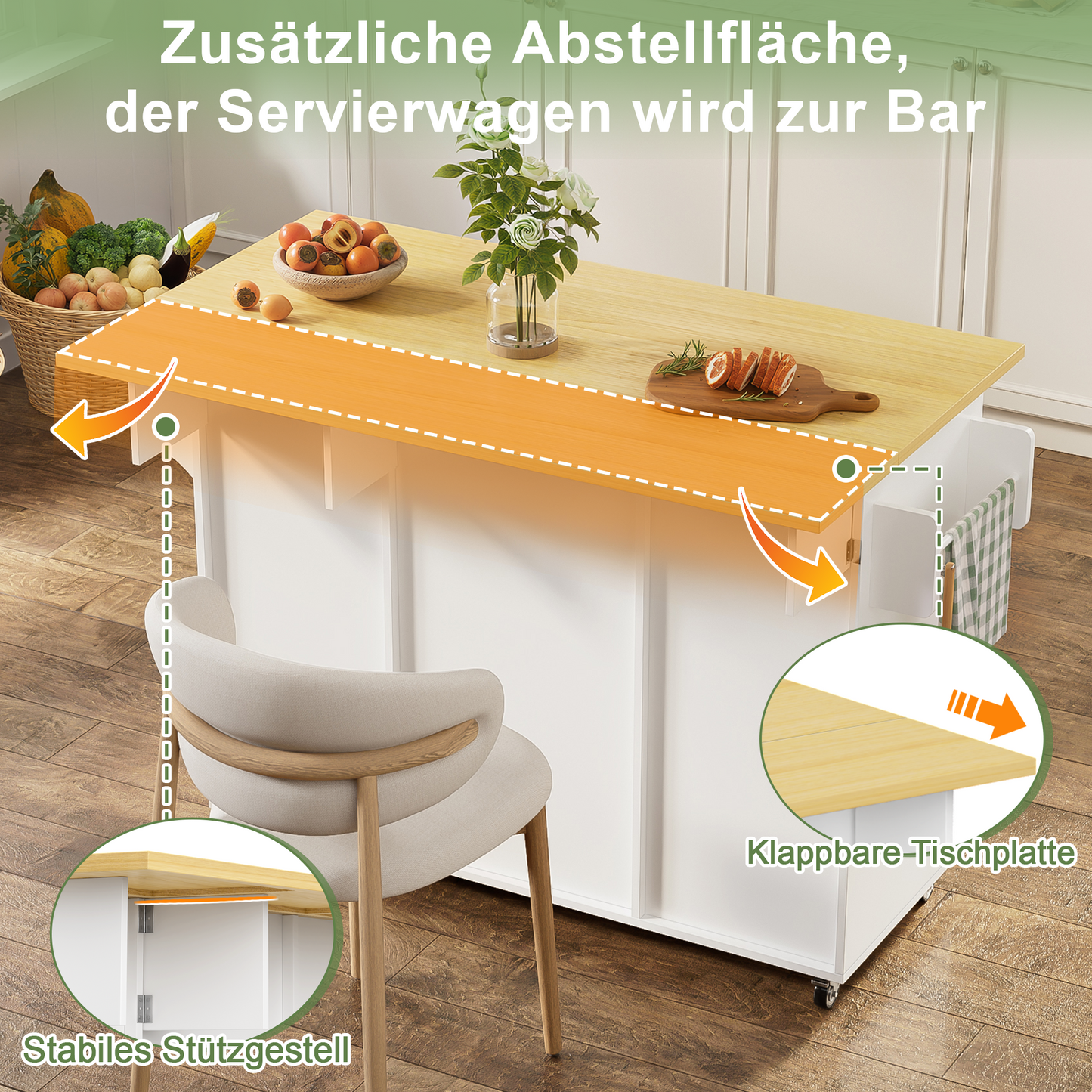 Kitchen Island On Wheels With Folding Worktop, Freestanding Kitchen Cabinet, Serving Trolley With Storage, 2 Drawers, Spice Rack, Towel Rail, Lockable Castors, 120 X45x 92 Cm