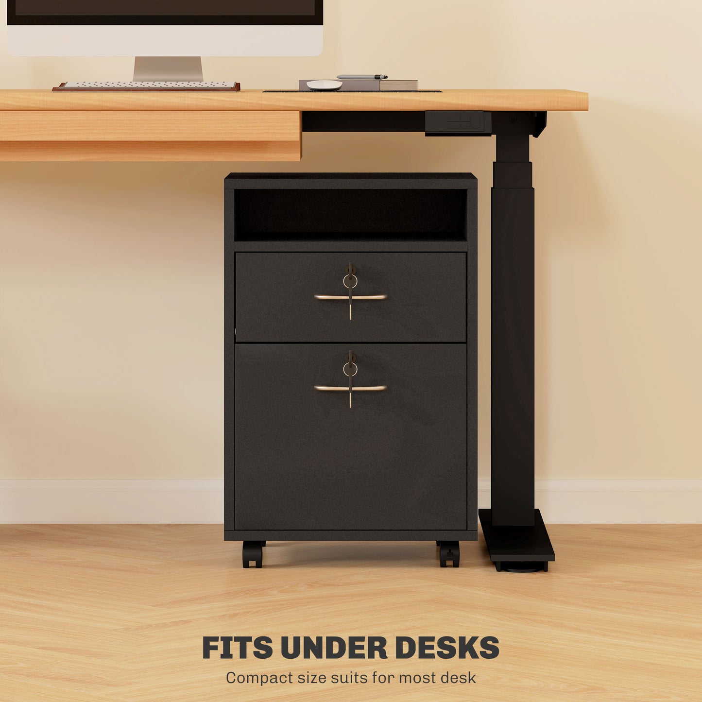 60cm Filing Cabinet With Drawer, Open Shelf, Metal Handles And 4 Wheels, Office Home Organiser Mobile Printer With Two Locks, Black