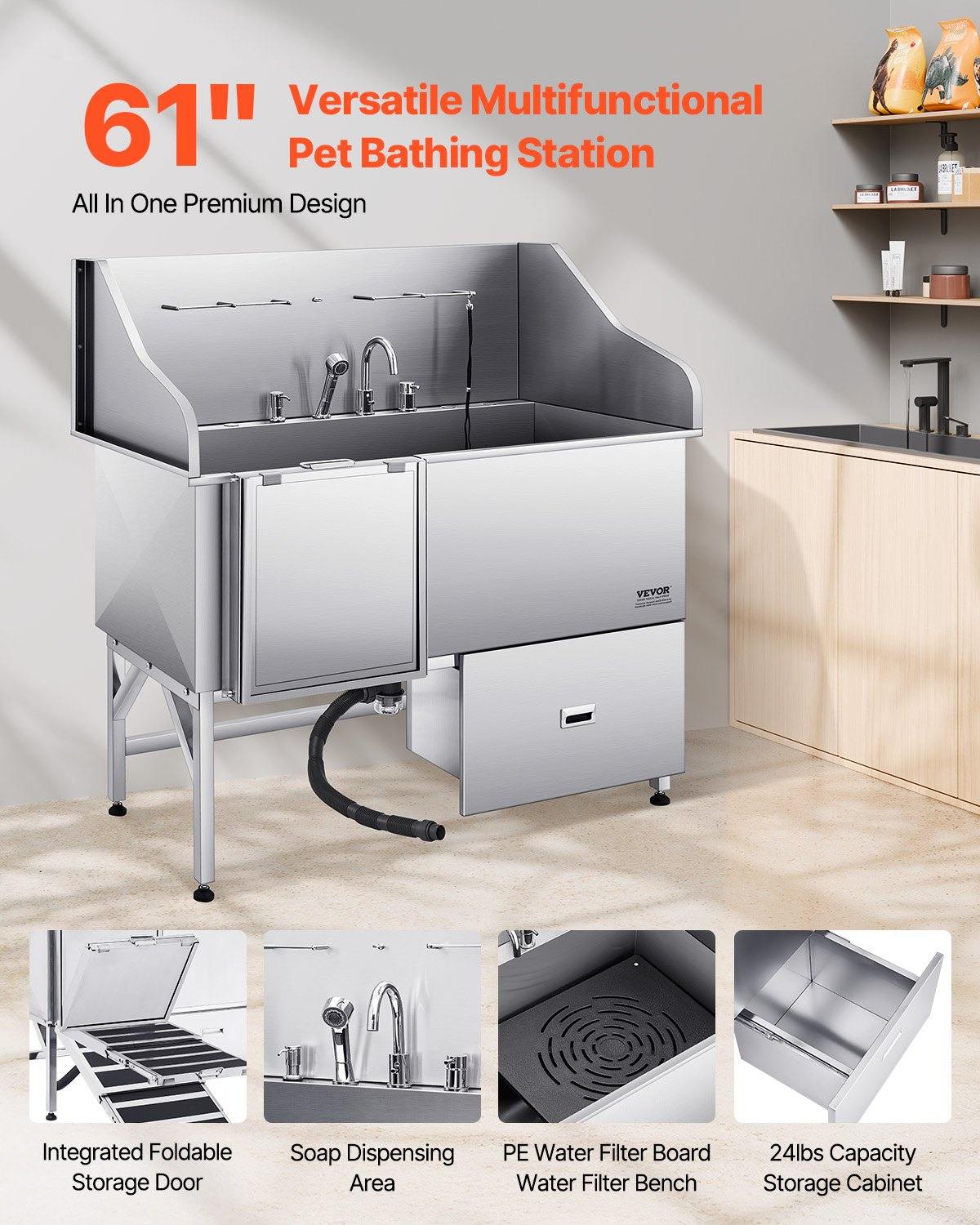 61 Inch Dog Grooming Bath Tub Stainless Steel W Ramp Water Filter Left