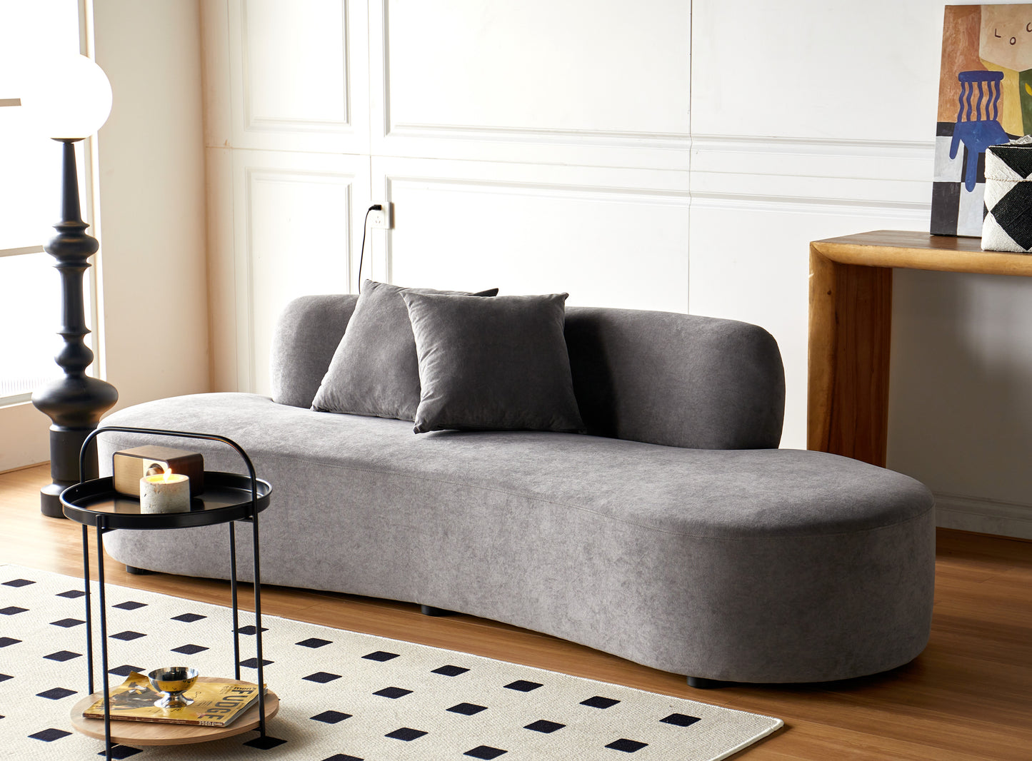 90 Curved Sofa With Throw Pillows, 4 Seater Luxury Velvet Couch With Half Moon Design And High-Density Foam, Ideal For Modern Living Room, Office & Apartment, Grey