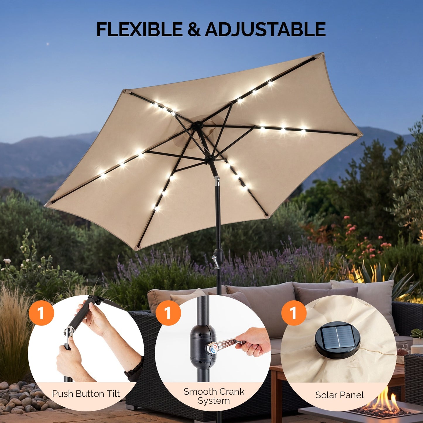 9ft Solar LED Patio Umbrella, 6-Rib Waterproof Outdoor Market Umbrella With Push Button Tilt & Crank, Sun Shade For Garden Pool Deck, Beige