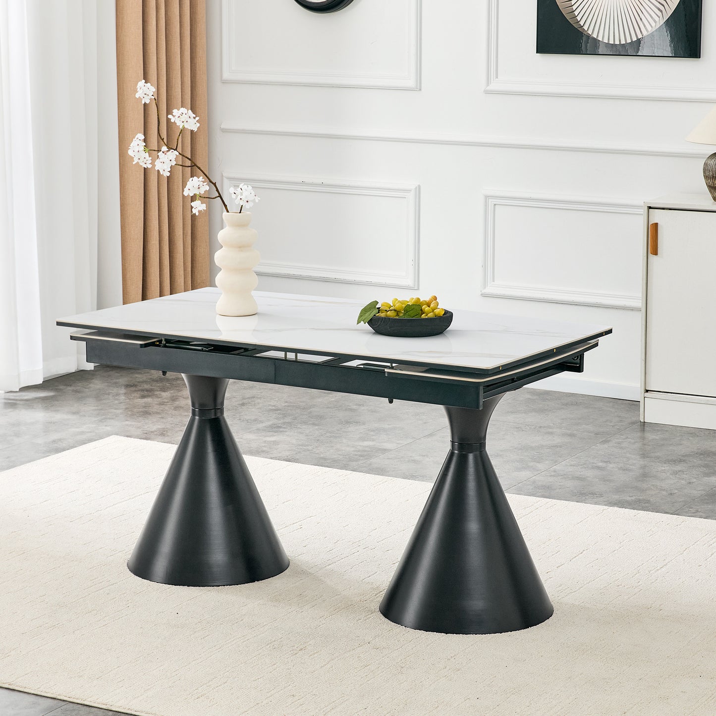 Extendable Stone-Top Dining Table White Marble-patterned Tabletop With Black Tapered Metal Legs. A Modern, Luxury-inspired Rectangular Dining Table For Home Use, Suitable For 4-8 People.