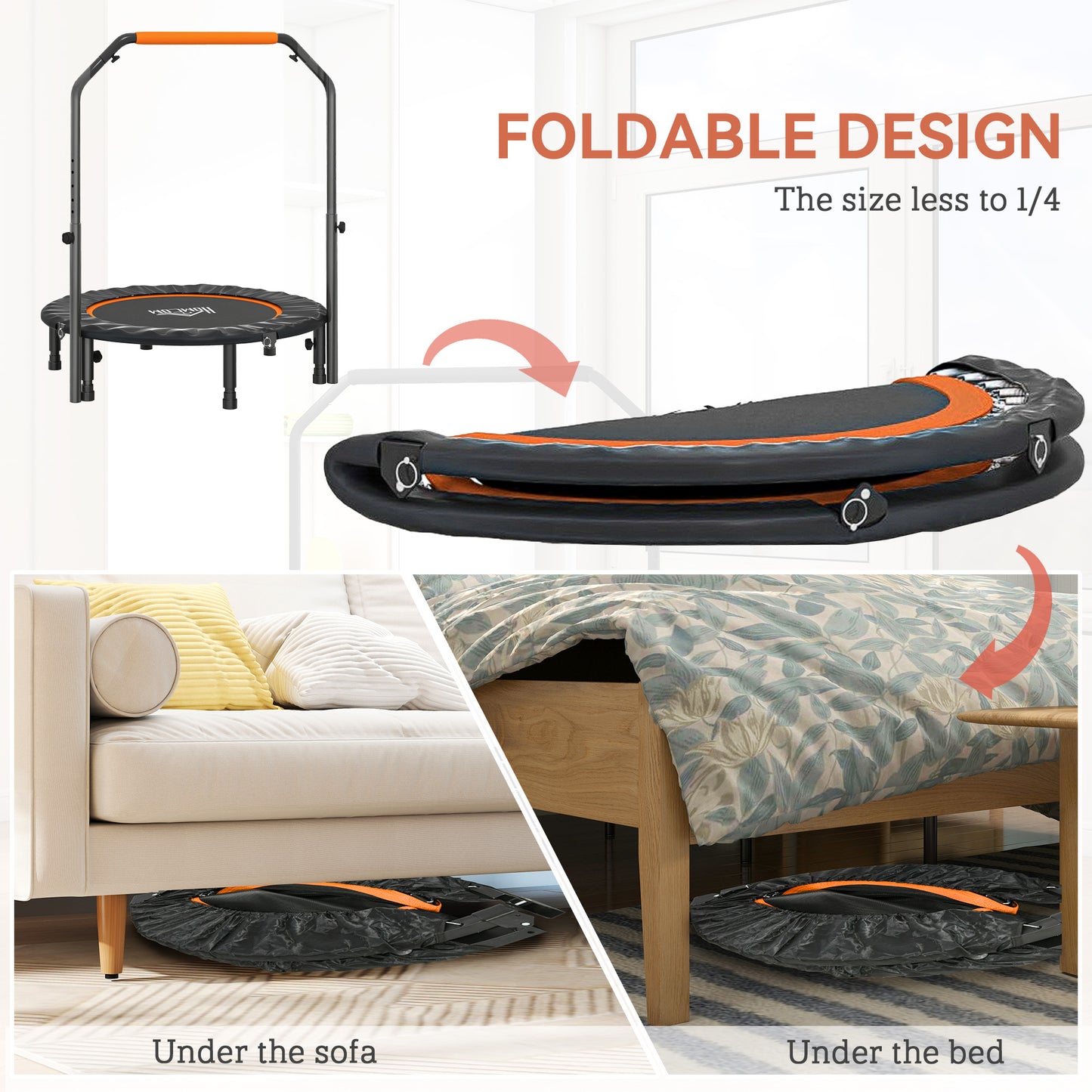 40" Foldable Mini Fitness Trampoline, With Adjustable Foam Handle, Orange