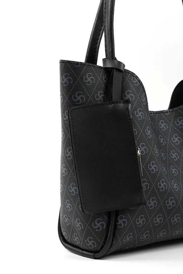 Monogram Black SHK108 Faux Leather Women Hand And Shoulder Bag With Wallet And Makeup Bag