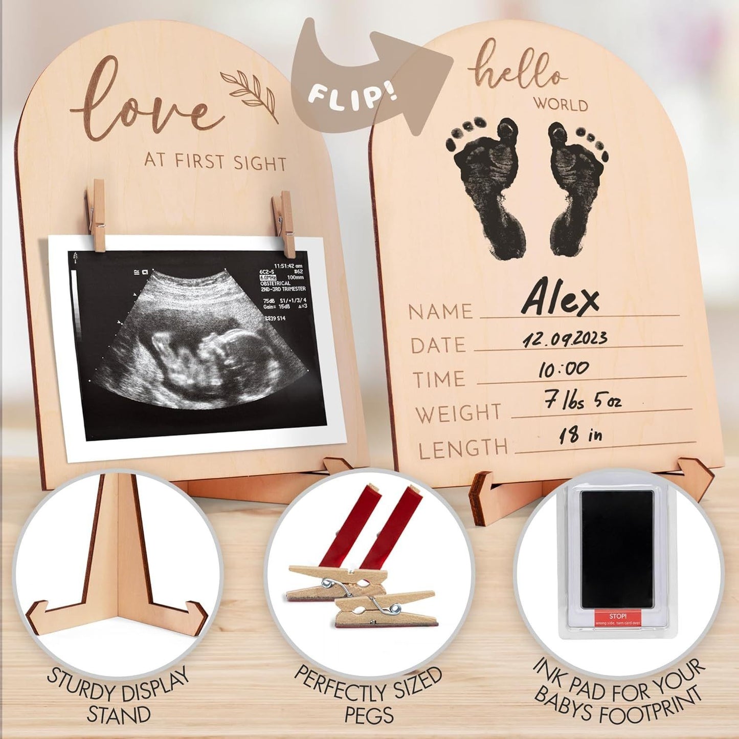 Double Sided Wooden Ultrasound Picture Frame, Love At First Sight Sonogram Photo Holder With Clips, Hello World Baby Birth Stats Announcement Sign, Newborn Footprint Keepsake Frame, Pregnancy Gift For