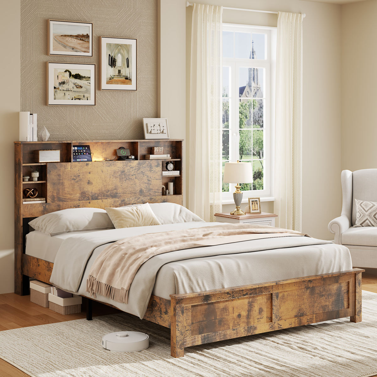 Full Wood Bed Frame With Bookcase Headboard, Charging Station & LED, Dark Brown