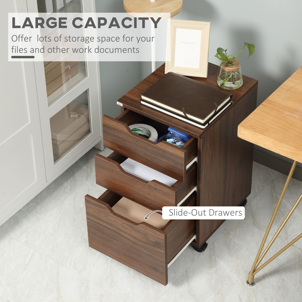 3 Drawer Mobile File Cabinet, Rolling Printer Stand, Vertical Filing Cabinet, Brown Wood Grain