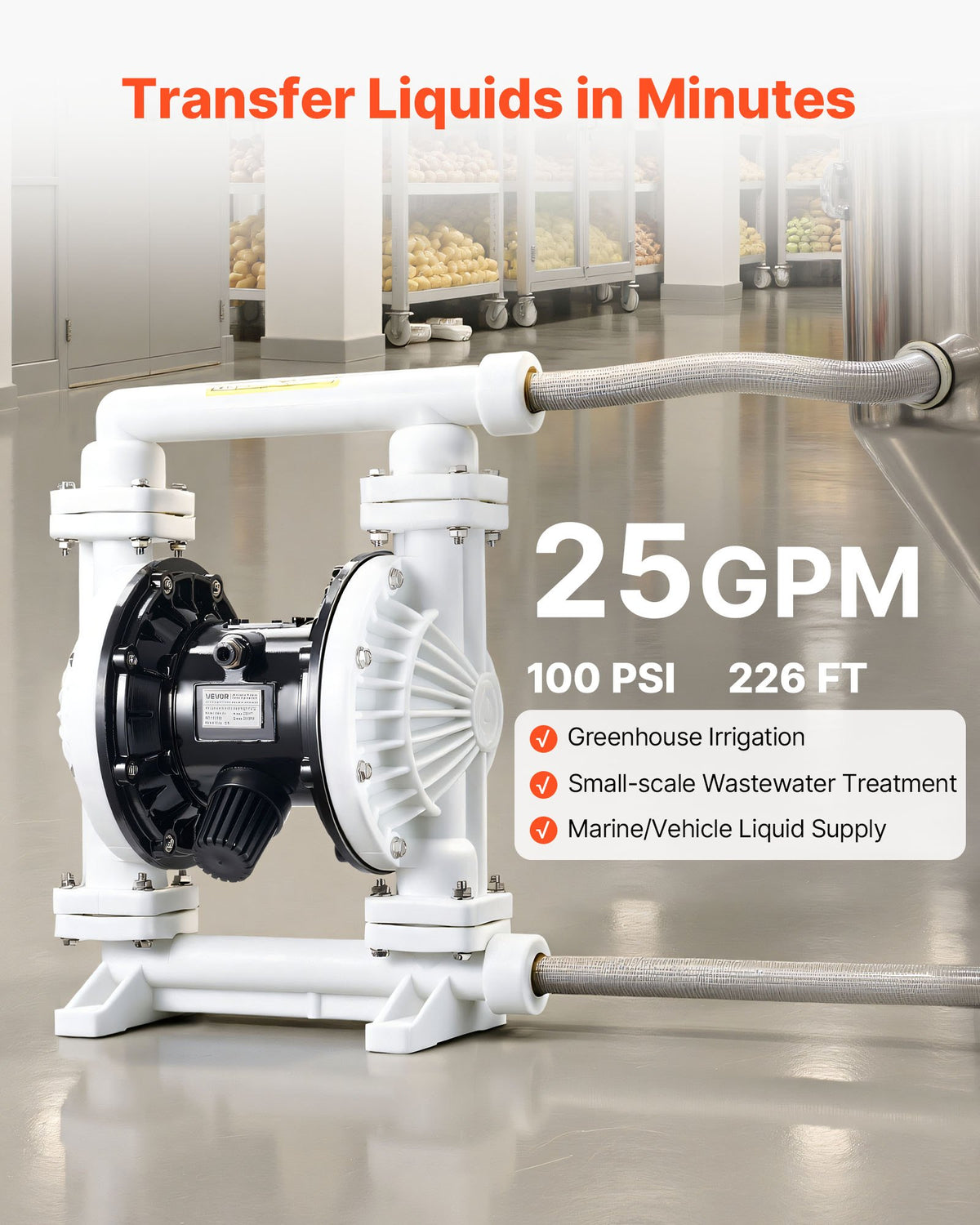 Air Operated Double Diaphragm Pump, 25 GPM, 1 Inch Inlet & Outlet Pneumatic Waste Oil Transfer Pump, Max 100 PSI, Polypropylene Body, Air-Operated For Diesel, Grease, Kerosene, Gasoline & Oil