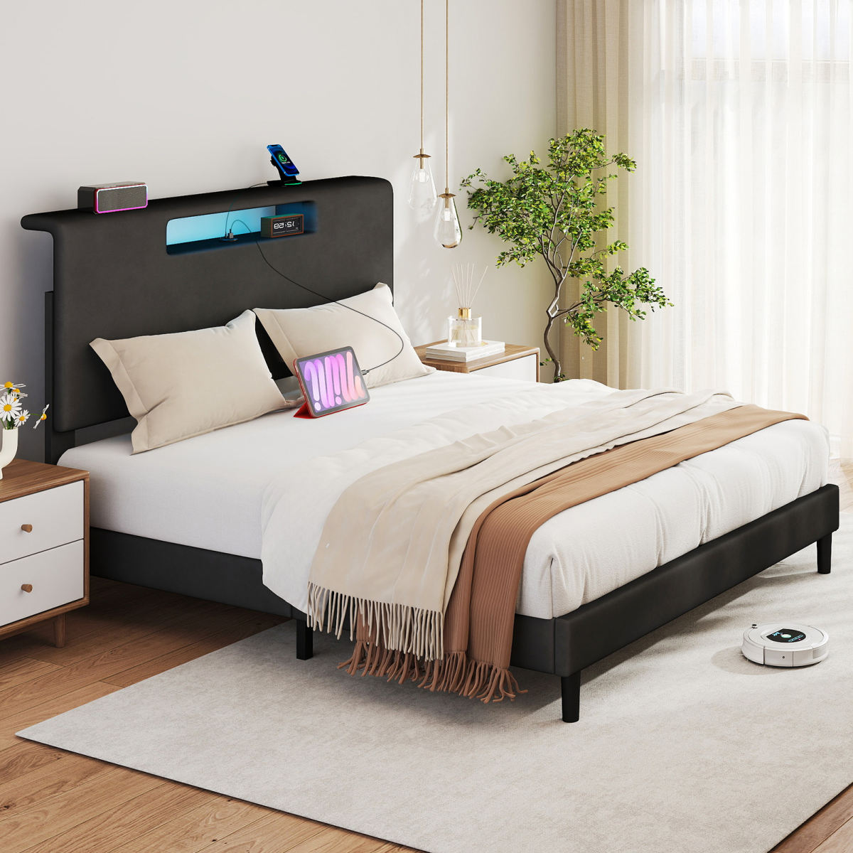 Queen Size Bed Frame With Charging Station And Adjustable LED Light Wood Slat Support Bed Frame With Upholstered Headboard No Box Spring Needed Easy Assembly