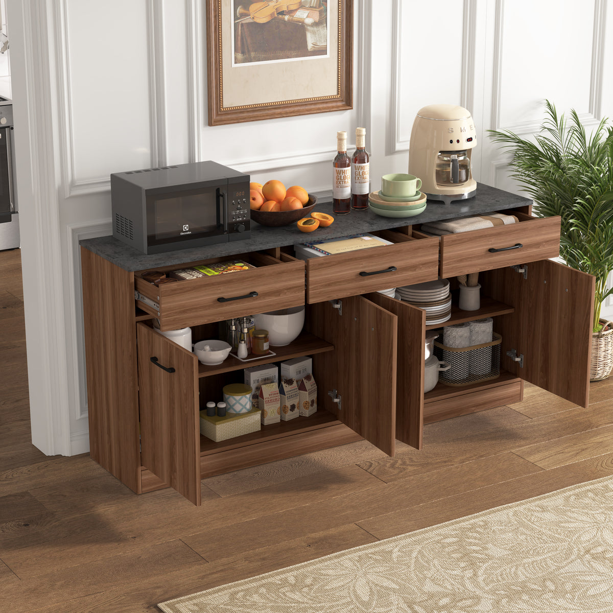 Kitchen Cabinet Sideboard With 3 Drawers & Adjustable Shelves, 160cm Kitchen Island With Concrete Look Worktop, Walnut Look, 76.5x160x37cm