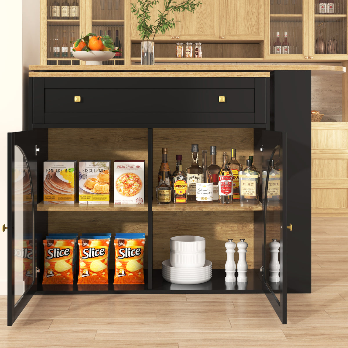 Extendable Bar Table With Storage 138-204x39x104cm , 360 Rotatable Edible,Modern Movable Bar Table,High Table Kitchen Island Bistro Table, Sideboard Cabinet With Shelves And Glass,Black