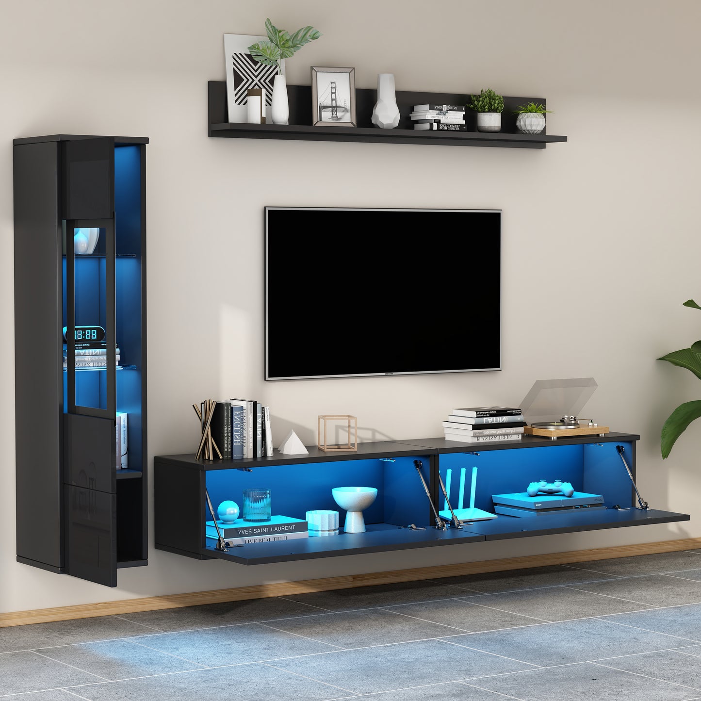 TV Wall Unit Set 3-Piece LED Lighting High Gloss Black Living Room Furniture Set Frontal Wall Unit Black 1 X TV Cabinet, 1 X Living Room Display Cabinet, 1 X Hanging Shelf, TV Up To 80'