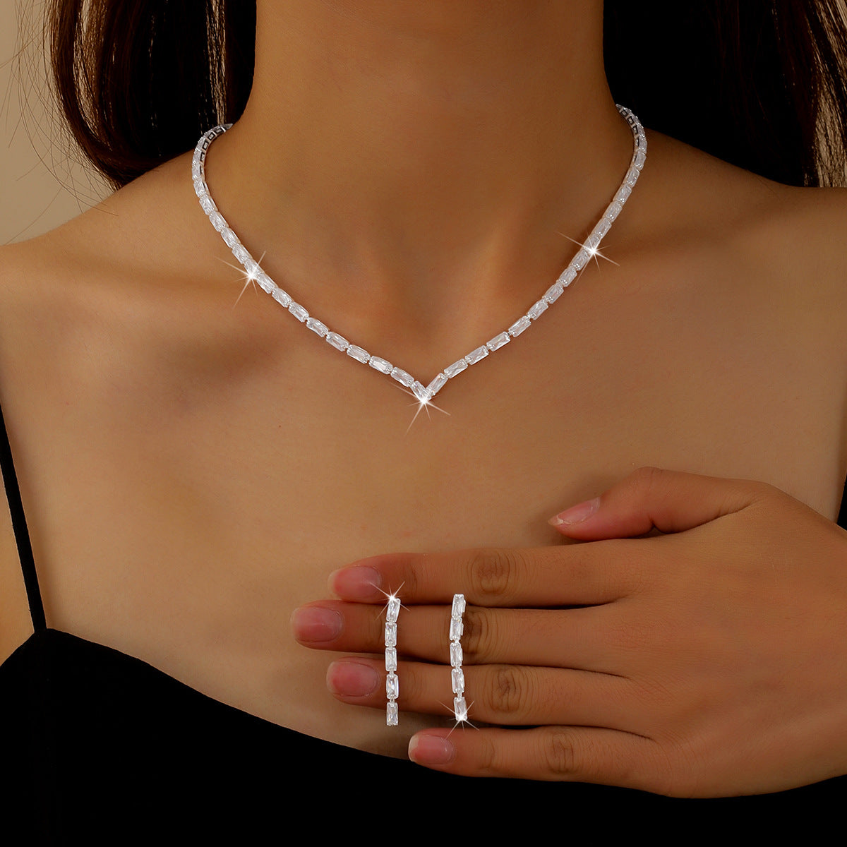 Women 2 Pcs Gold Tone Baguette Rhinestone Jewelry Set,V Shape Choker Necklace And Long Dangle Earrings,Elegant Costume Accessories For Wedding Banquet Party Occasion