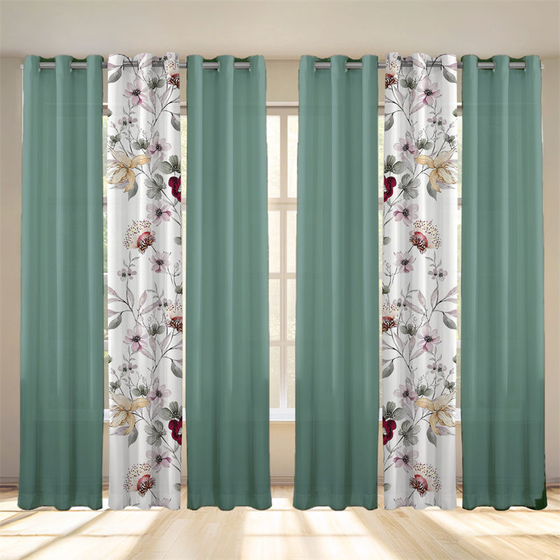 6 Piece Curtain Set, US Designer Sage Green And Botanical Floral Print Light Filtering Drapes, Semi-Sheer Window Panels With 1.6-Inch Grommet Top, Pet-Friendly High GSM Heavyweight Curtains
