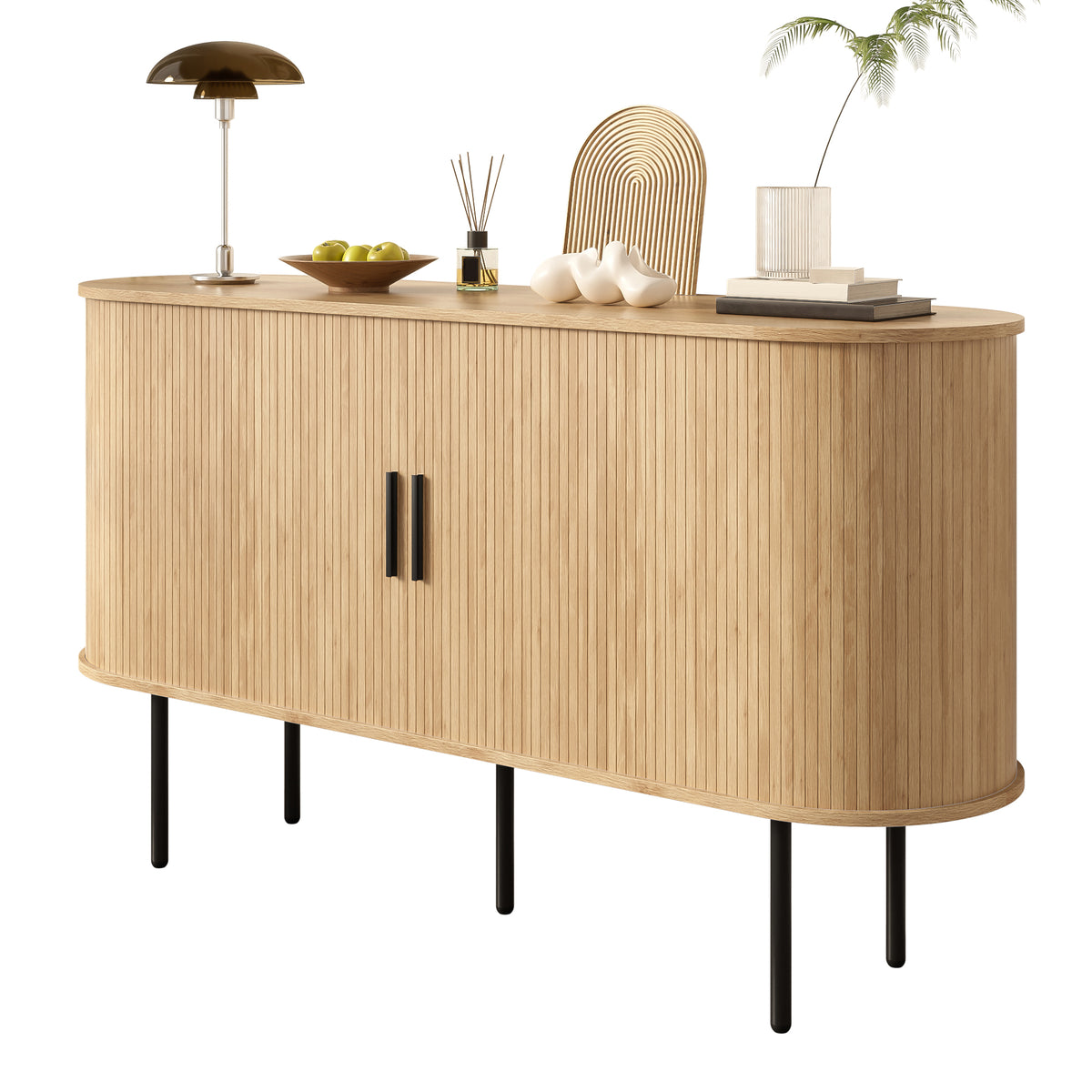 Modern MDF Sideboard With Roller Shutter Doors, Aluminum Handles & Iron Legs Versatile Storage Cabinet For Living Room, Dining Room & Modern Decor