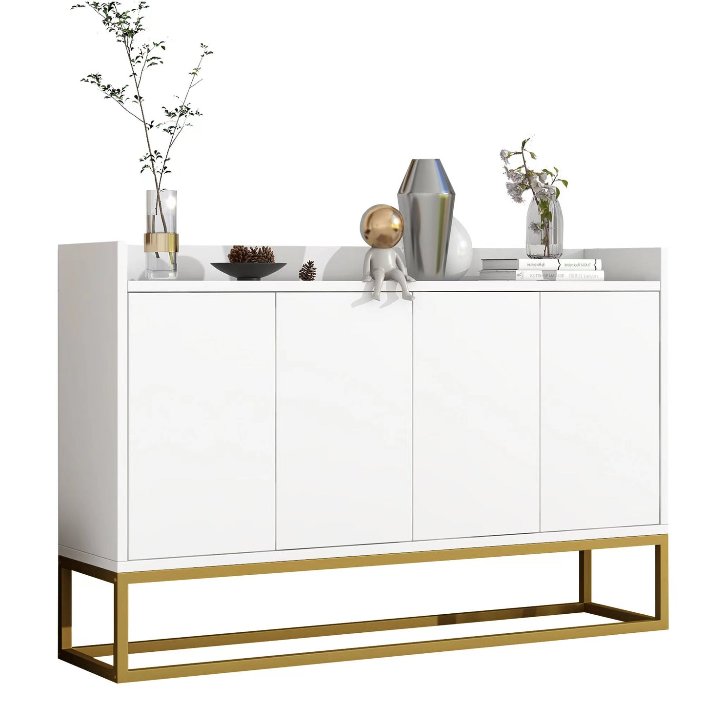 Modern Minimalist Style Sideboard 4 Door Handleless Buffet Cabinet For Dining Room, Living Room, Kitchen White