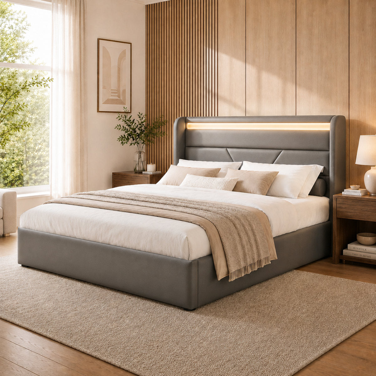 Hydraulic Storage Bed With LED Lighting Strip, Double Bed Bed Frame Upholstered Bed 160x200cm, Functional Bed, Grey With Remote Control