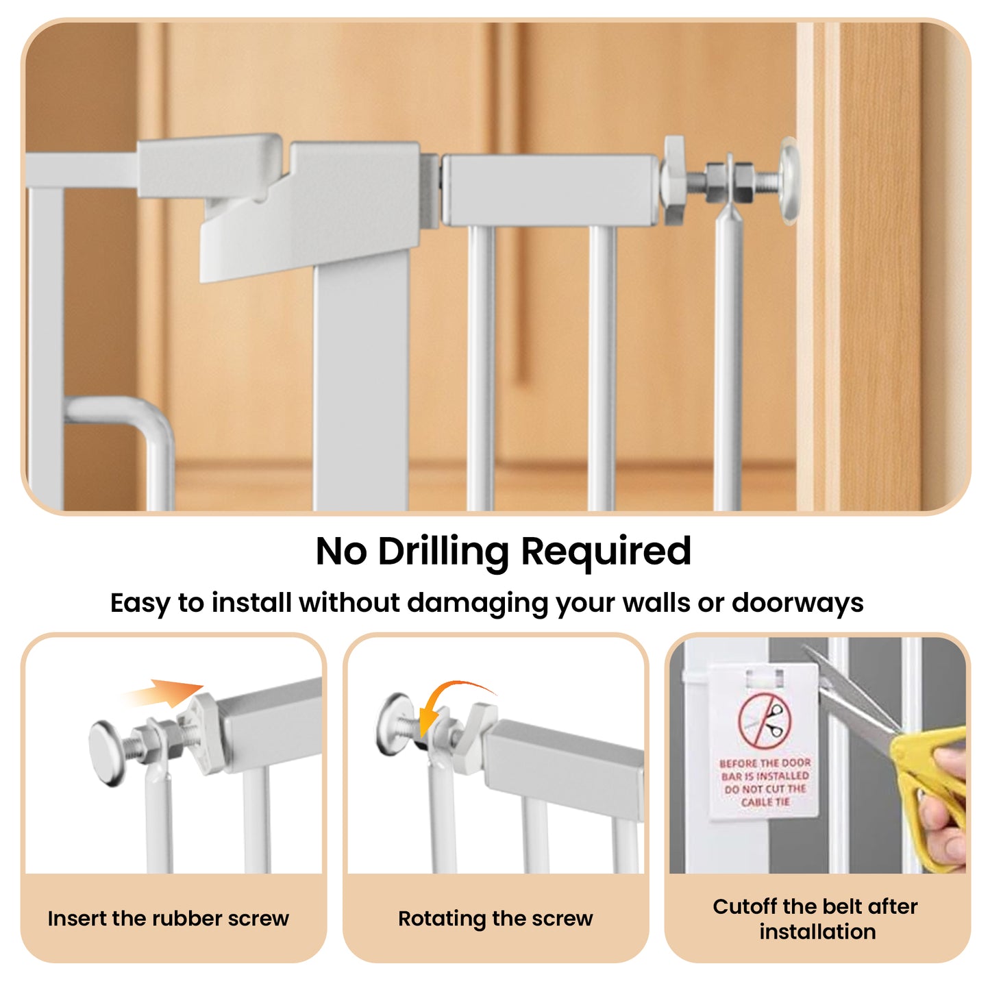 53.15 Extra Tall Cat Gate, 29.53 -40.16 Wide With Small Cat Door, Auto Close Safety Pet Gate, 1.37 Narrow Bar Spacing, NO Drilling Pressure Mount Kit For Cats And Dogs, White
