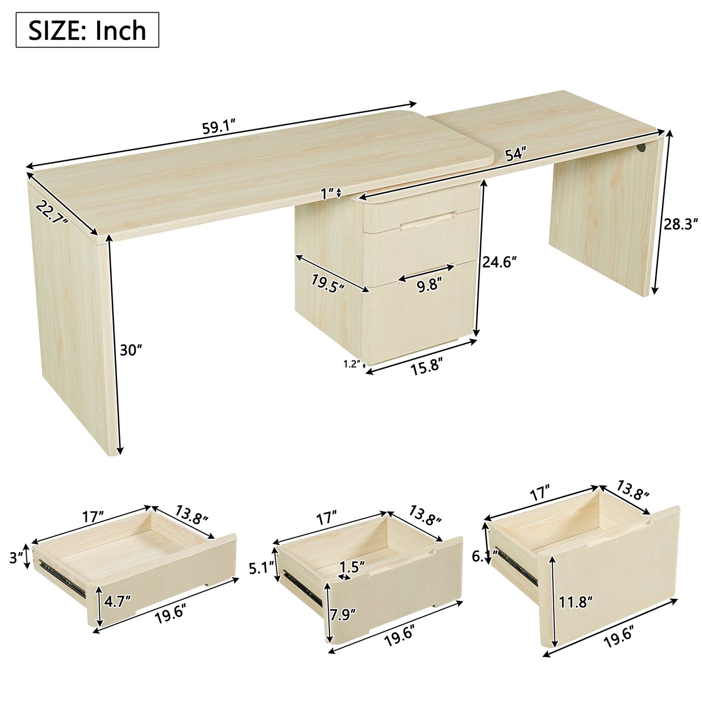 90 Modern L Shaped Desk In Natural Wood With 3 Drawers,360 Wood Rotating Desk,Executive Office Desk,Corner Desk,Office Study Workstation,for Home Office Or Living Room
