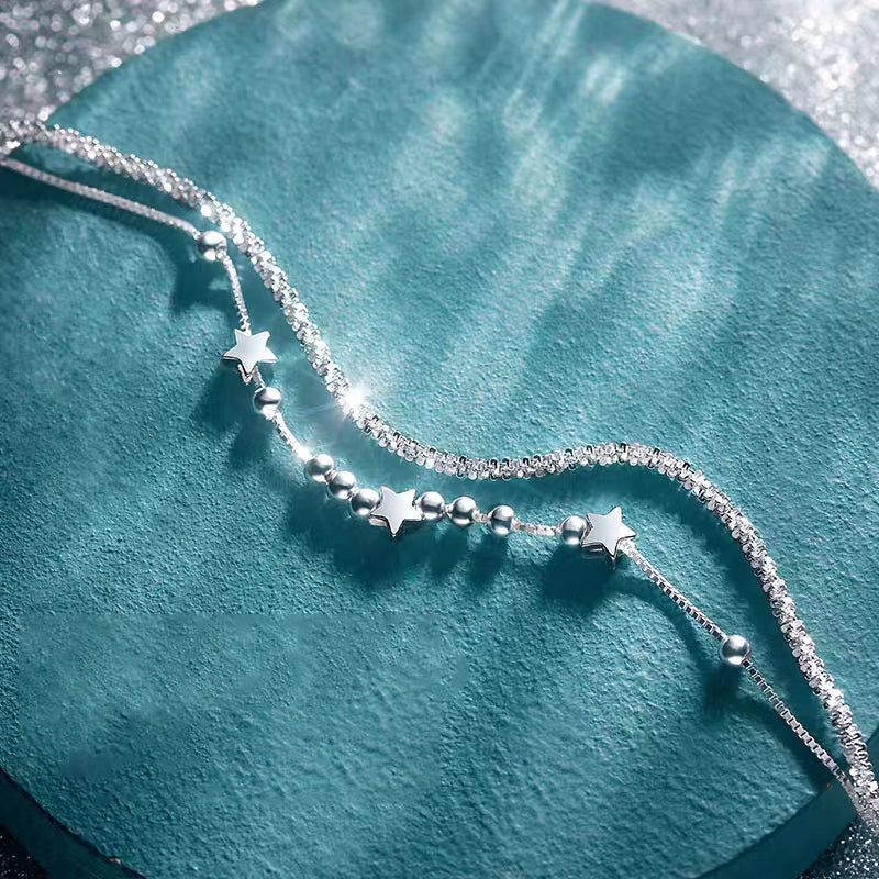 1pc 999 Sterling Silver Double-Layer Star & Crystal Bracelet, Delicate Luxurious Style, Perfect For Daily Wear And Valentine's Gift