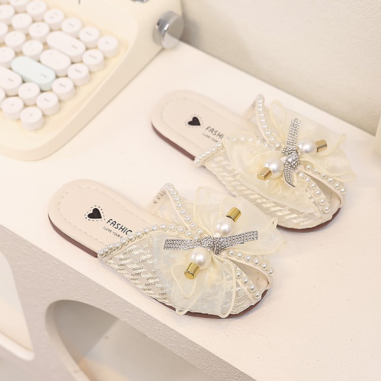 Girls' Children's Slippers Summer Style Fish Mouth Outdoor Half Drag Sandals Fashionable Middle-aged Children's Bow One Line Cool Drag
