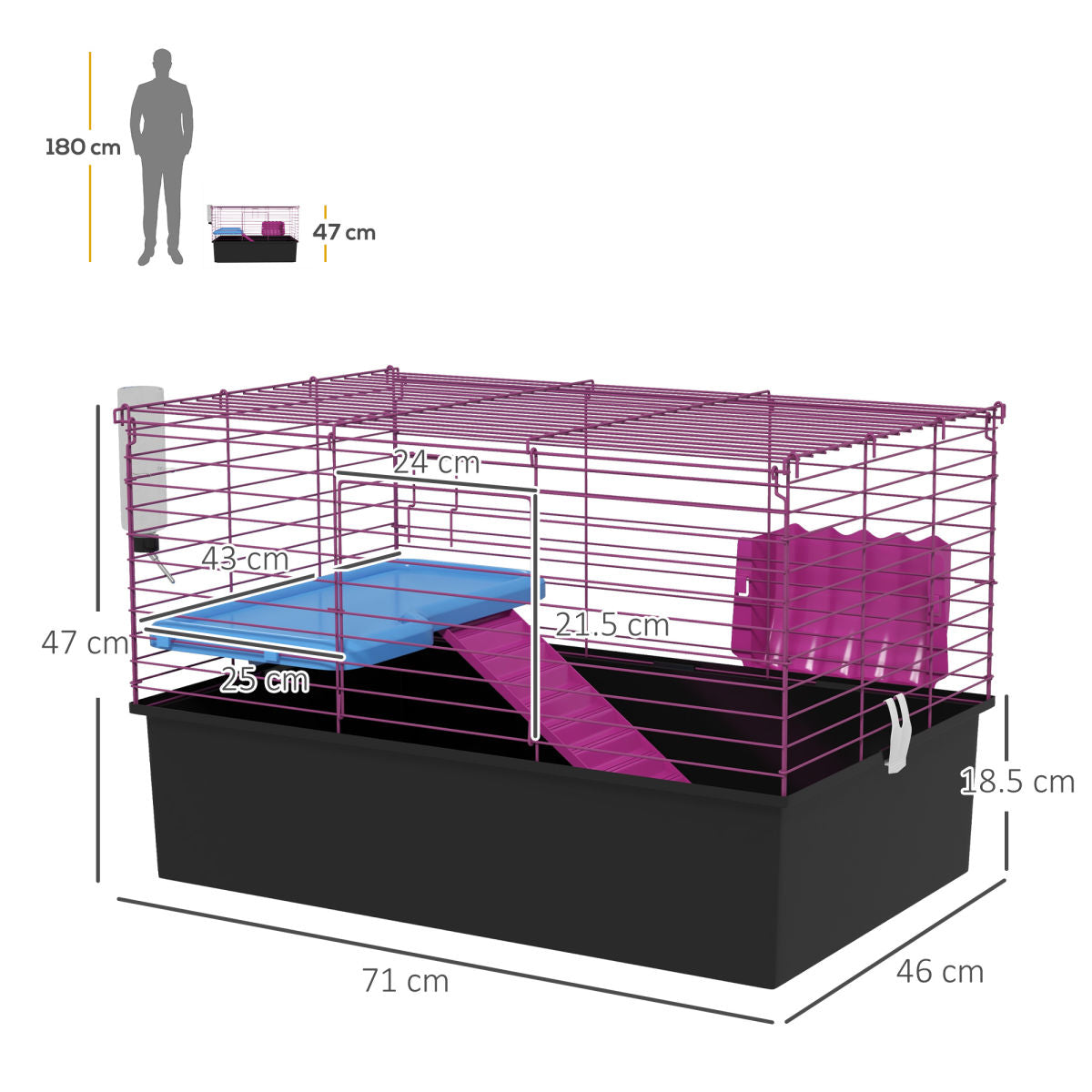 PawHut Chinchillas Small Rabbit Guinea Pig Small Animal Cage, Pet Playhouse, With Platform, Ramp, 71 X 46 X 47cm
