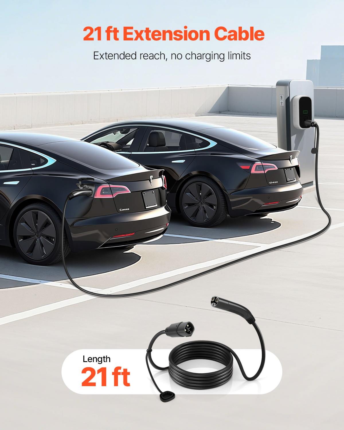 EV Charger Extension Cable For Tesla, 48Amp 21 Ft Max 240V 11.52 KW With NACS Plug, EV Extension Cord For Level 1/2 Tesla Mobile/Wall Connector/Destination Charger, Model Y/X/3/S, Carrying Bag