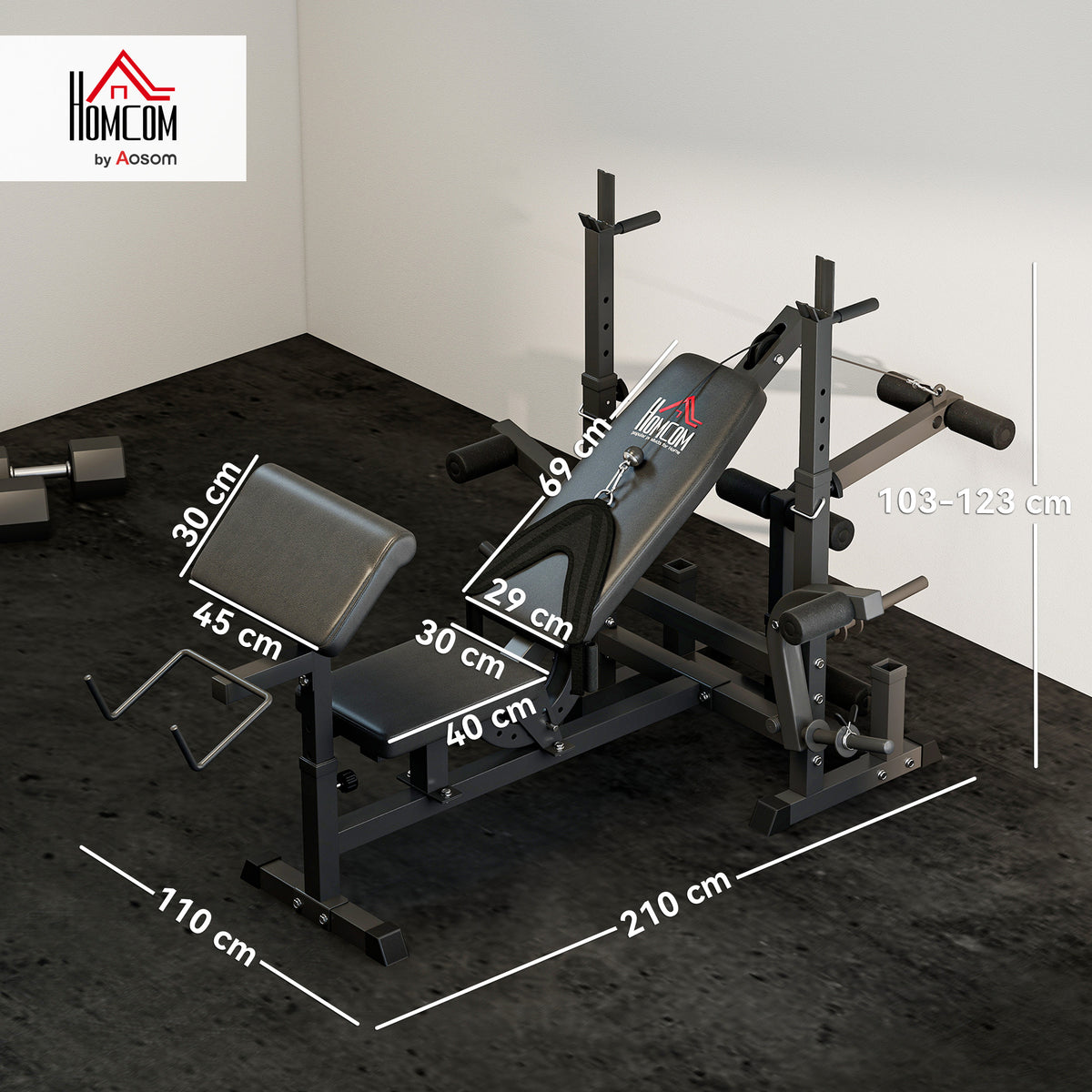 Weight Bench, 6 In 1 Adjustable Bench Press With Leg Extension, Barbell Rack, Preacher Curl Pad, Resistance Band, Multi-Function Home Gym Equipment For Strength Training Weightlifting