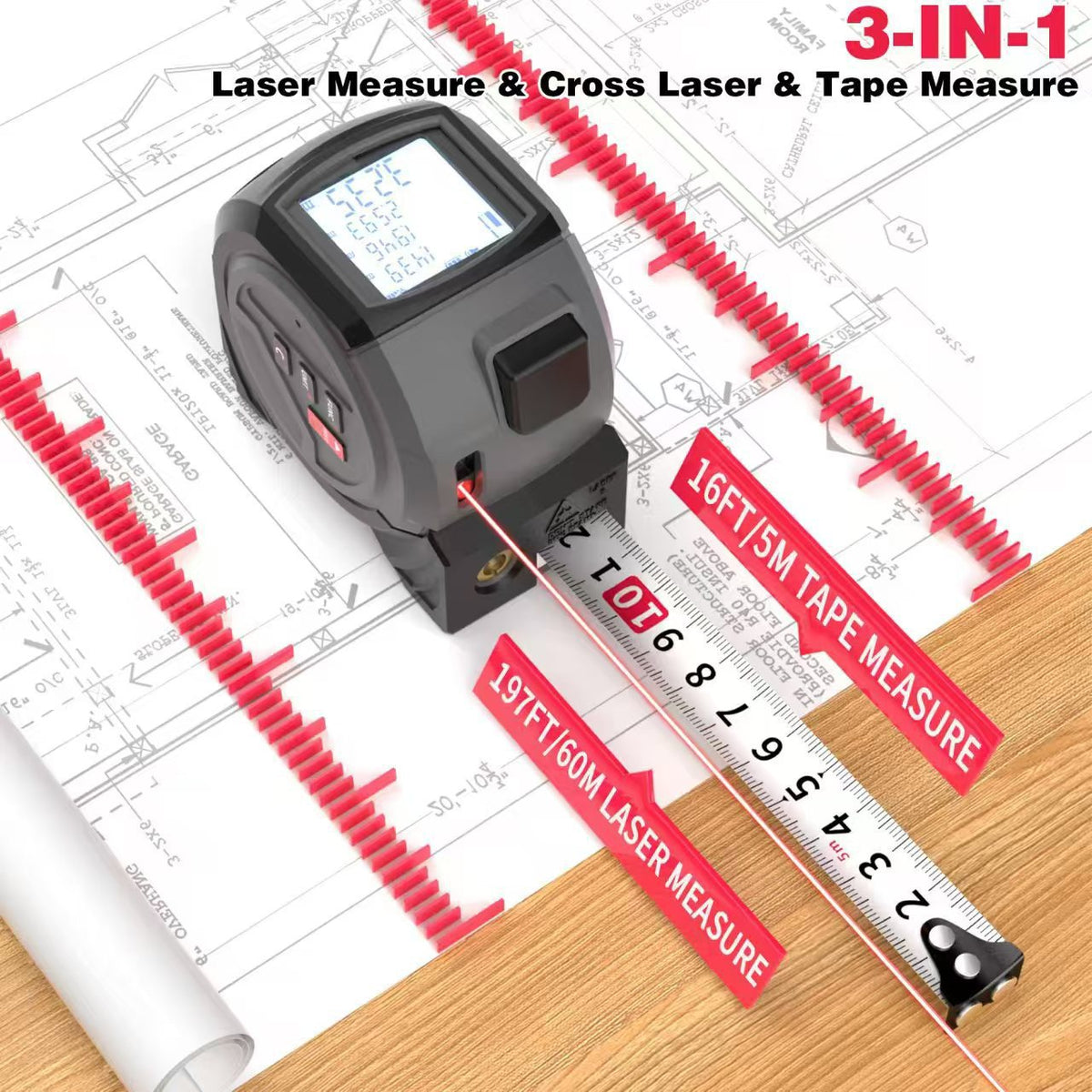 40-meter Digital Smart Tape Measure 3-in-1 Infrared 60-meter Distance Measurer With Cross-line Laser Projection