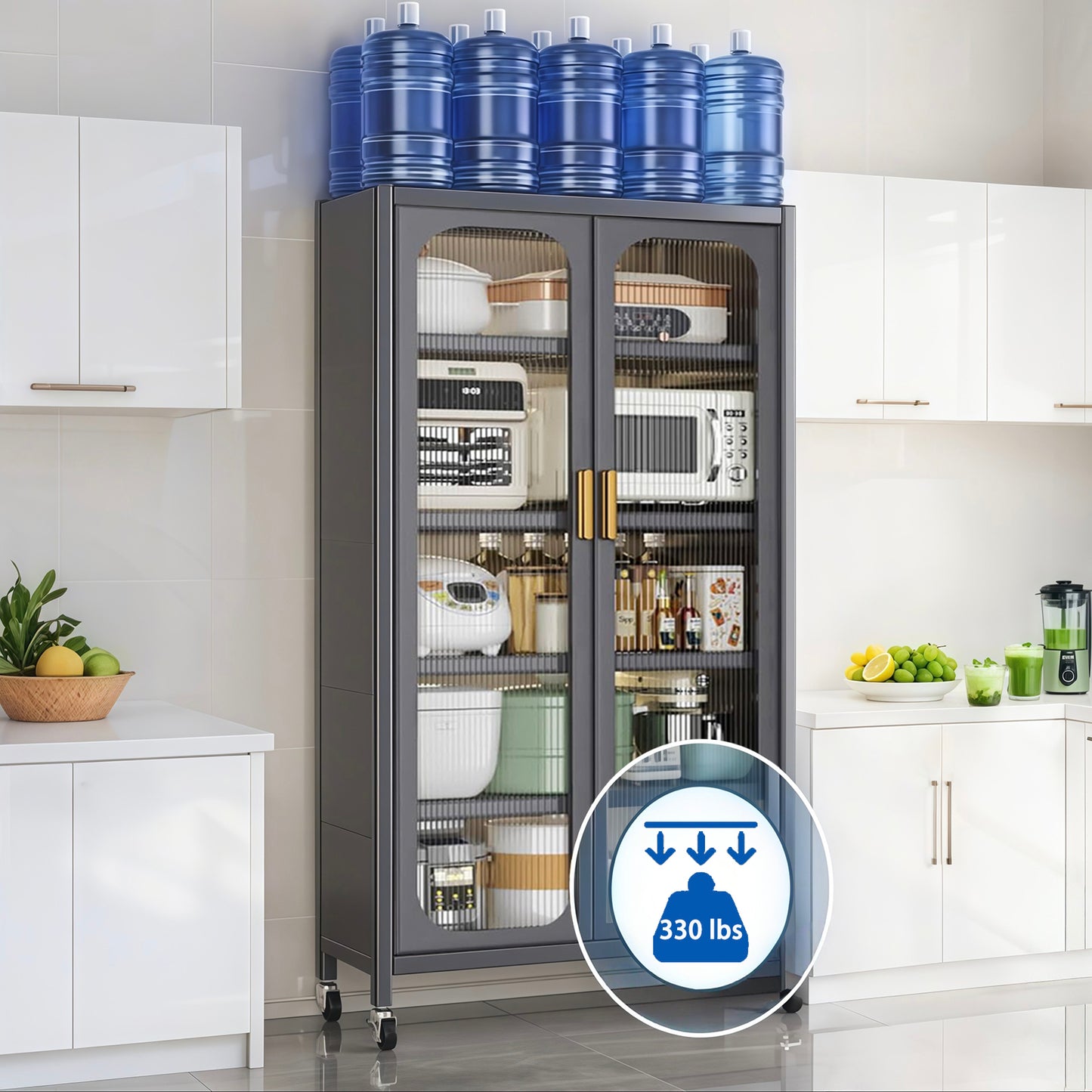 65 Kitchen Pantry Storage Cabinet, 6 Tier Metal Display Storage Cabinet With Transparent Door, Adjustable Shelves & Wheels, Food Pantries Cabinets, For Kitchen, Living Room And Dining Room, Gray