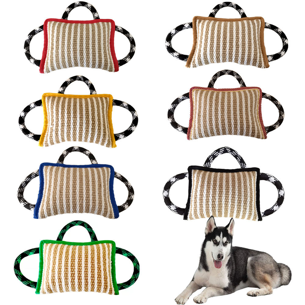 Dog Rope Toys Dog Jute Bite Pillow With 3 Strong Handles Tug Of War Dog Toy Perfect Pull Toy For Medium Large Dogs Training Interactive Playing