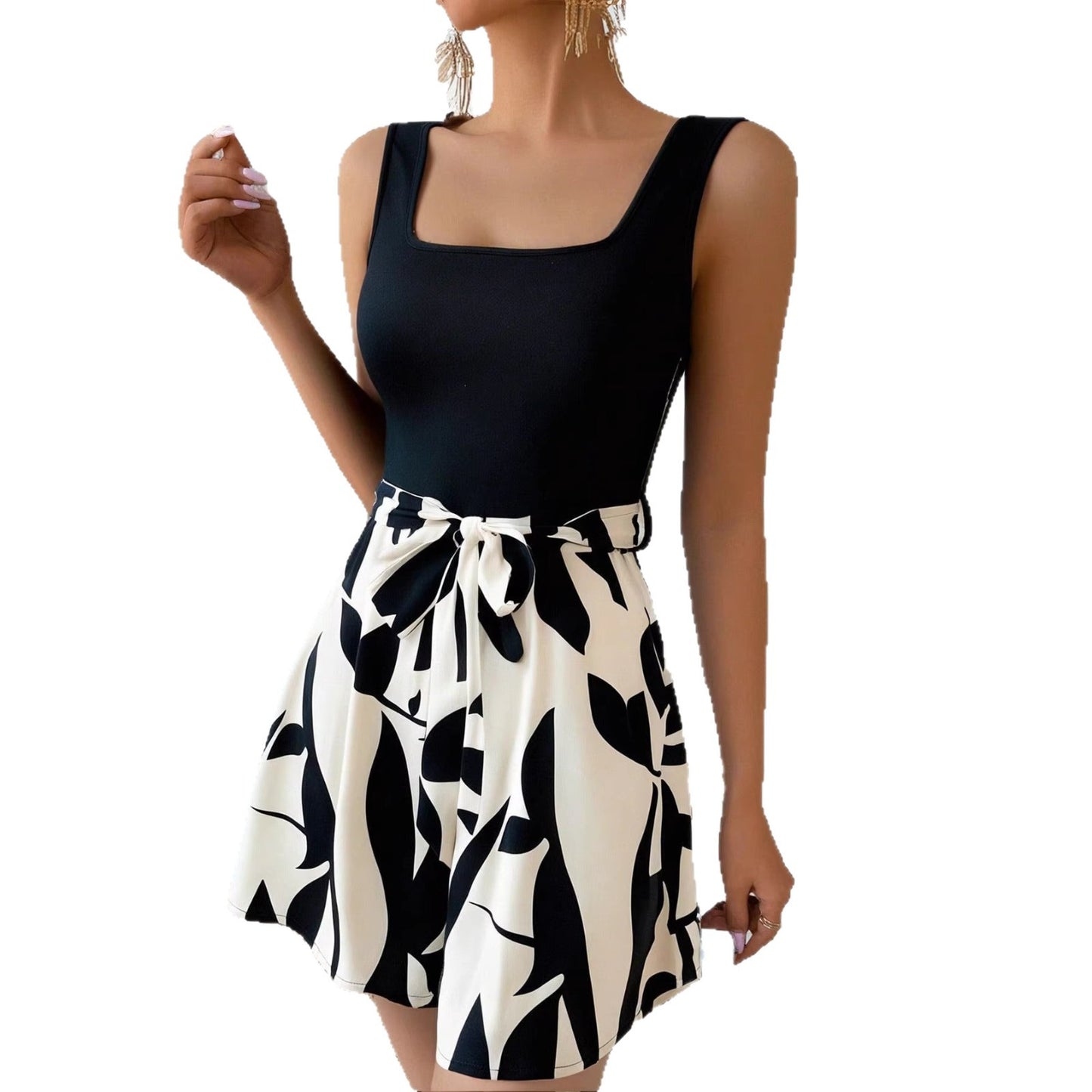 Women's Fashion Print Casual Strappy Wide Leg Bodysuit