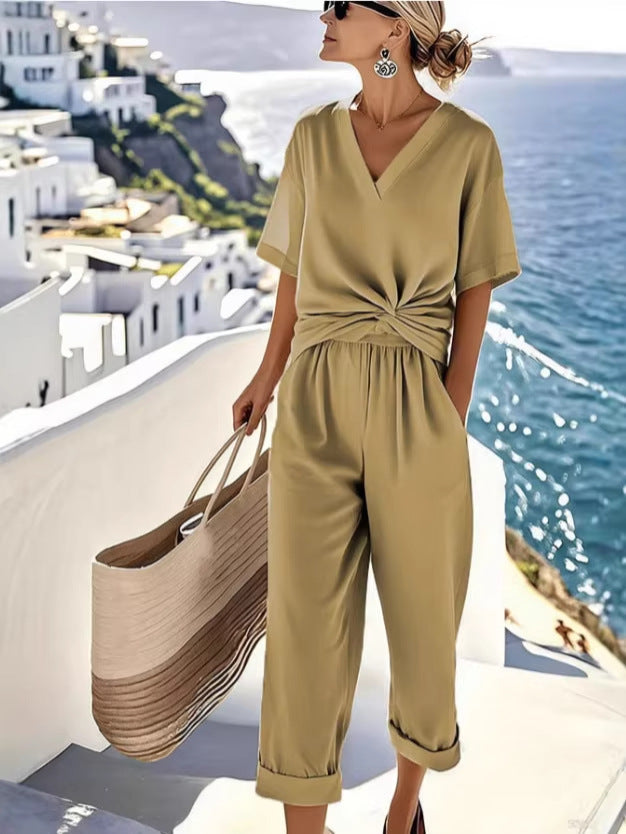 Fashion Solid Color Asymmetrical Short Sleeve Set