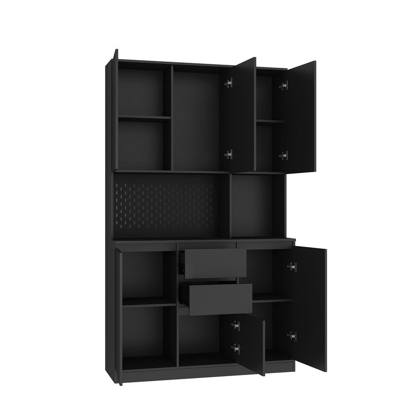 Tatub 74in Pantry Cabinet W Power Outlet, Kitchen Hutch W Storage & Microwave Shelf, Black Kitchen Pantry Storage Cabinet W LED Light Strip