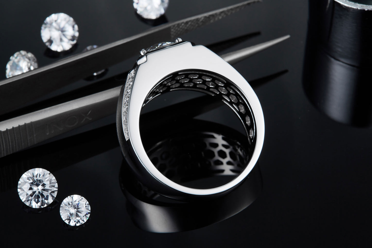 S925 Sterling Silver 2ct Moissanite Men's Ring, D-VVS1 Octagon Bezel, Matte Pave Band, US Sizes 5-9, GRA Certificate Gift Box