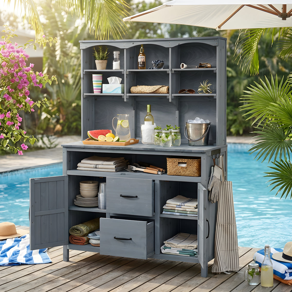 With Assembly Video TOPMAx Large Fir Wood Potting Bench 45.3 L Multi- Functional Outdoor Patio Kitchen Island With Hutch Cabinets Drawers & Hooks Large Countertop For Gardening Grill Gray