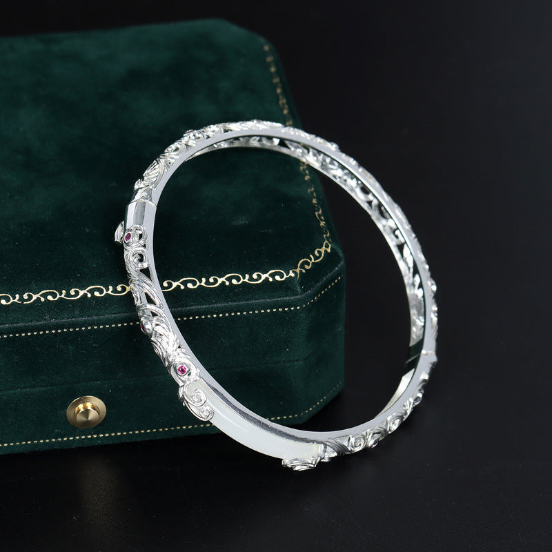 Ancient Craft Gold-Plated Filigree S925 Silver Hetian Jade Hollow Bangle, Retro Style Gift For Women, Perfect For Valentine's Day & Birthday