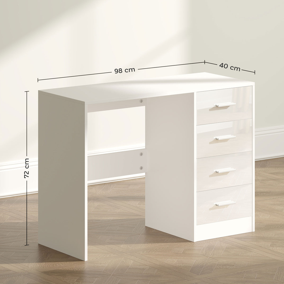 Computer Desk With Drawers, Dressing Table, High Gloss Home Office Writing Workstation, White
