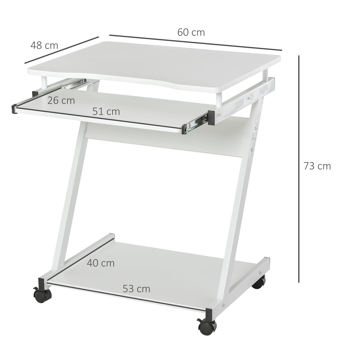 Movable Computer Desk With 4 Moving Wheels Sliding Keyboard Tray Home Office Workstation White